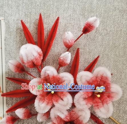 China Traditional Cheongsam Velvet Hairpin Handmade Hair Accessories Classical Red Bamboo Plum Hair Stick