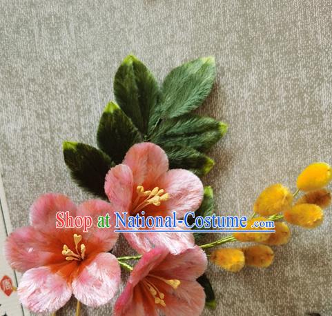 China Handmade Hair Accessories Classical Pink Flowers Hair Stick Traditional Cheongsam Velvet Hairpin