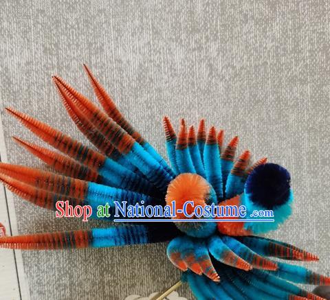 China Classical Blue Phoenix Hair Stick Traditional Cheongsam Velvet Hairpin Handmade Hair Accessories