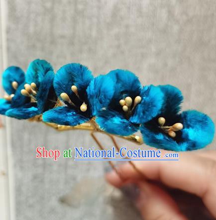 China Traditional Cheongsam Blue Velvet Flowers Hairpin Handmade Hair Accessories Classical Hair Stick