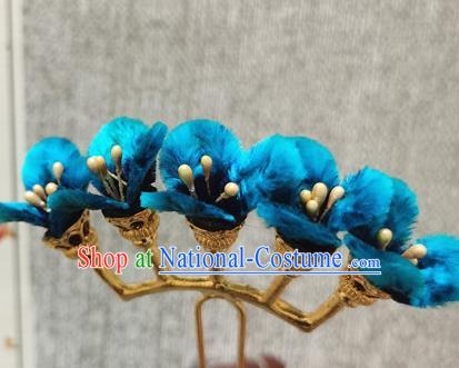 China Traditional Cheongsam Blue Velvet Flowers Hairpin Handmade Hair Accessories Classical Hair Stick