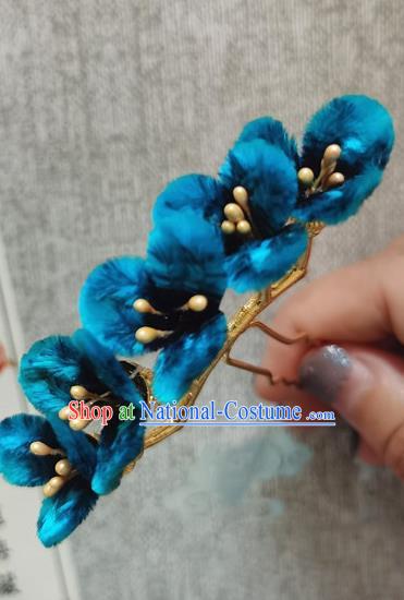 China Traditional Cheongsam Blue Velvet Flowers Hairpin Handmade Hair Accessories Classical Hair Stick