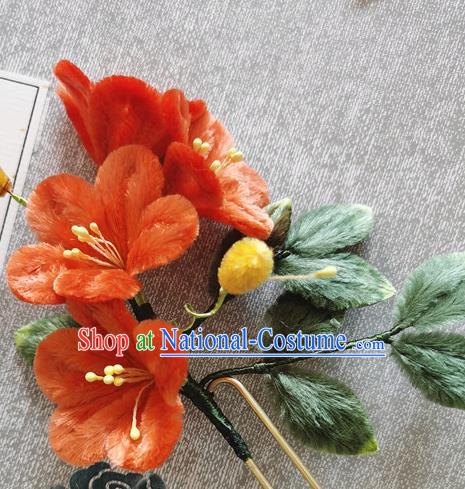 China Traditional Cheongsam Velvet Hairpin Handmade Hair Accessories Classical Red Flowers Hair Stick