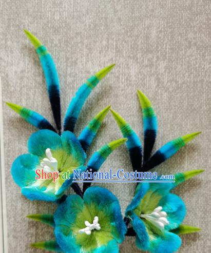 China Classical Blue Peach Blossom Hair Stick Traditional Cheongsam Velvet Hairpin Handmade Hair Accessories