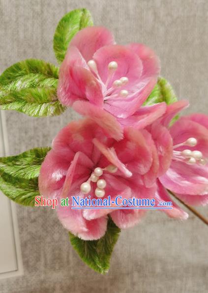 China Classical Pink Flowers Hair Stick Traditional Handmade Hair Accessories Ancient Princess Velvet Hairpin