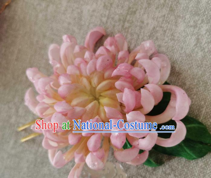 China Classical Pink Chrysanthemum Hair Stick Traditional Ancient Qing Dynasty Empress Hairpin