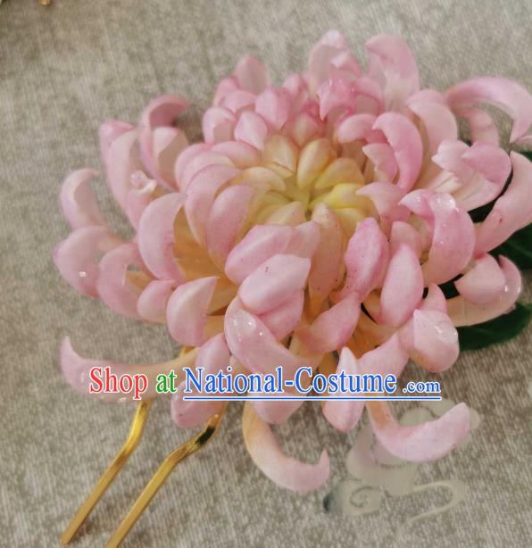 China Classical Pink Chrysanthemum Hair Stick Traditional Ancient Qing Dynasty Empress Hairpin