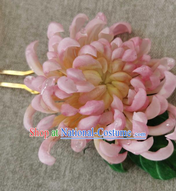 China Classical Pink Chrysanthemum Hair Stick Traditional Ancient Qing Dynasty Empress Hairpin