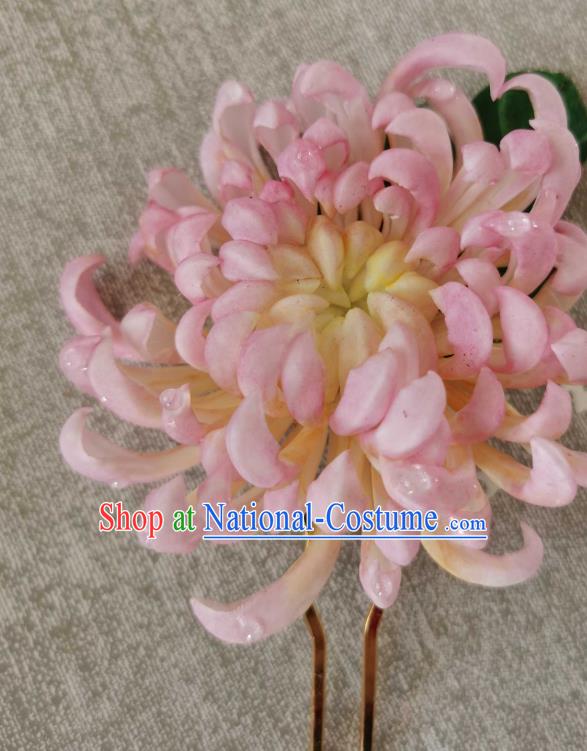 China Classical Pink Chrysanthemum Hair Stick Traditional Ancient Qing Dynasty Empress Hairpin