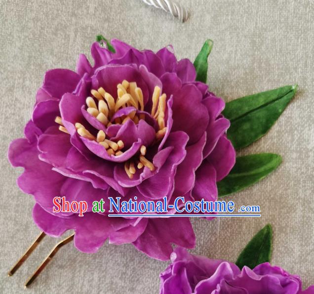 China Classical Purple Peony Hair Stick Traditional Ancient Tang Dynasty Court Woman Hairpin