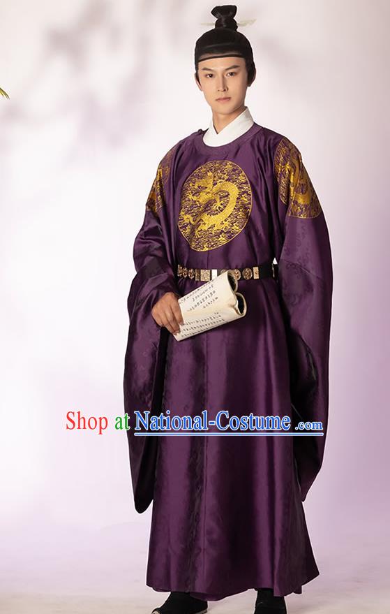 China Ming Dynasty Emperor Historical Clothing Ancient Royal Monarch Purple Imperial Robe for Men