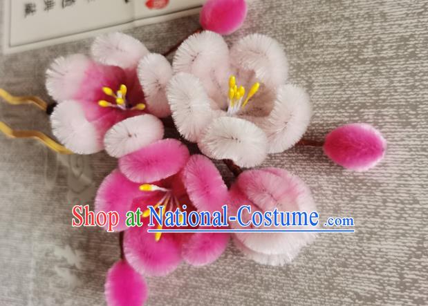 China Classical Velvet Plum Blossom Hair Stick Handmade Hair Accessories Traditional Cheongsam Pink Flowers Hairpin