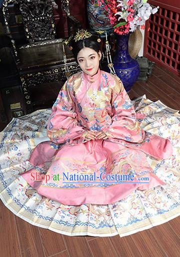 China Ancient Court Queen Wedding Pink Costumes Traditional Ming Dynasty Imperial Empress Historical Clothing Full Set