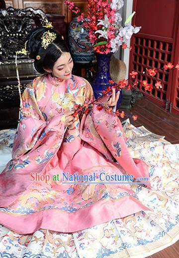 China Ancient Court Queen Wedding Pink Costumes Traditional Ming Dynasty Imperial Empress Historical Clothing Full Set