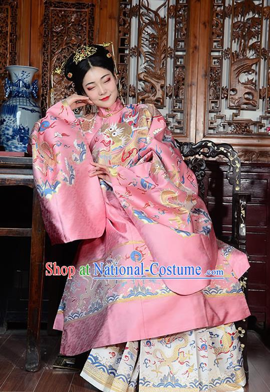 China Ancient Court Queen Wedding Pink Costumes Traditional Ming Dynasty Imperial Empress Historical Clothing Full Set