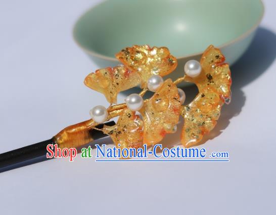 China Classical Hanfu Ginkgo Leaf Hairpin Traditional Ancient Ming Dynasty Princess Wood Hair Stick