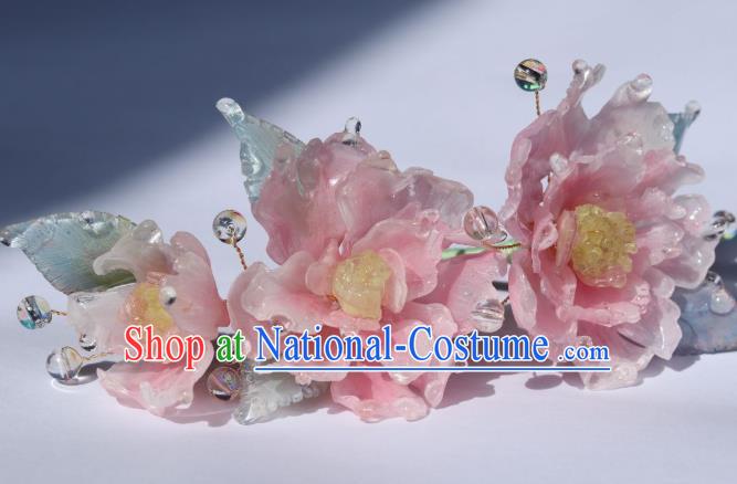 China Classical Hanfu Pink Peony Hairpin Traditional Ancient Ming Dynasty Princess Flowers Hair Stick