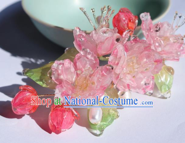 China Traditional Ancient Ming Dynasty Princess Pink Begonia Hair Stick Classical Hanfu Pearls Hairpin