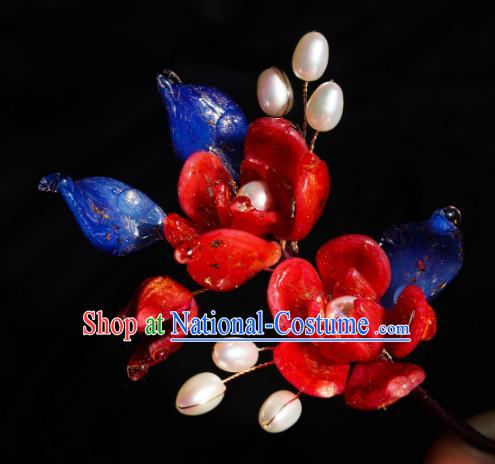 China Classical Hanfu Pearls Hairpin Traditional Red Camellia Hair Stick