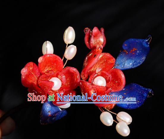 China Classical Hanfu Pearls Hairpin Traditional Red Camellia Hair Stick