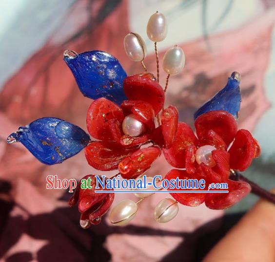 China Classical Hanfu Pearls Hairpin Traditional Red Camellia Hair Stick