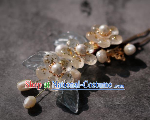 China Classical Hanfu Hairpin Traditional Ming Dynasty Princess Pearls Plum Blossom Hair Stick