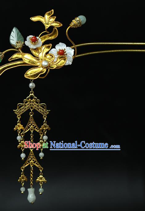 China Classical Hanfu Jade Tassel Hairpin Traditional Ming Dynasty Princess Golden Orchid Hair Stick