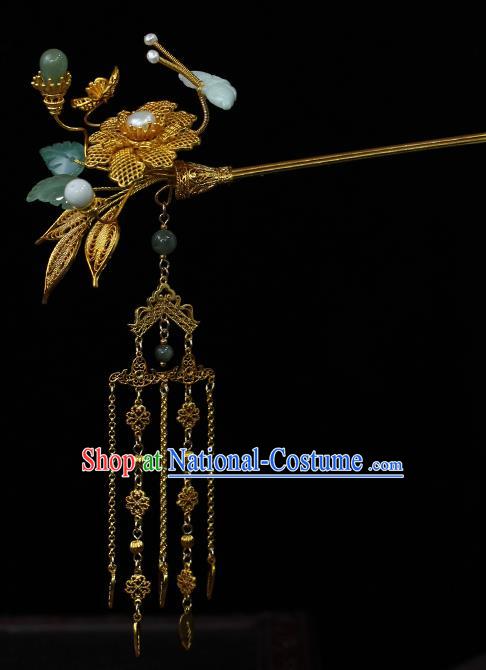 China Classical Filigree Flower Hairpin Traditional Qing Dynasty Empress Golden Tassel Hair Stick