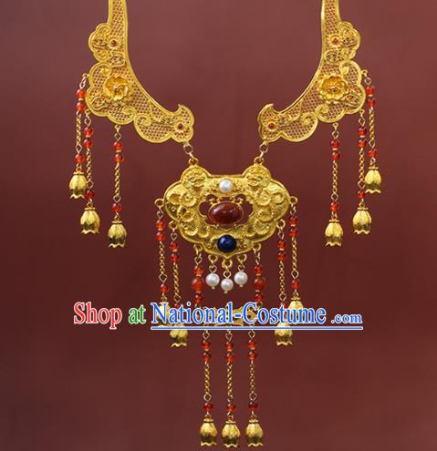 Chinese Traditional Wedding Golden Necklace Ancient Princess Agate Necklet Accessories