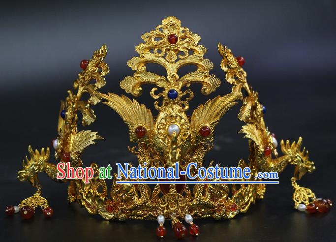 China Traditional Ming Dynasty Empress Gems Phoenix Crown Ancient Noble Woman Golden Hairpin