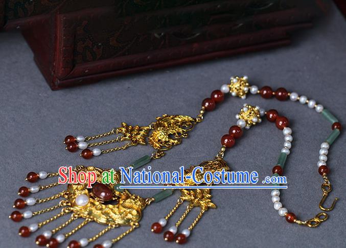 Chinese Traditional Wedding Jade Pearls Necklace Ancient Princess Agate Tassel Necklet Accessories