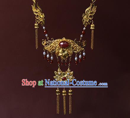 Chinese Traditional Wedding Agate Necklace Ancient Princess Golden Lotus Necklet Accessories