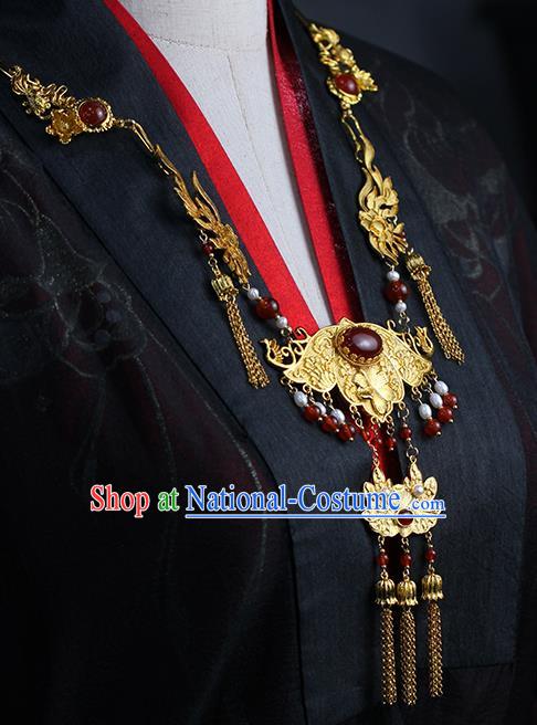 Chinese Traditional Wedding Agate Necklace Ancient Princess Golden Lotus Necklet Accessories