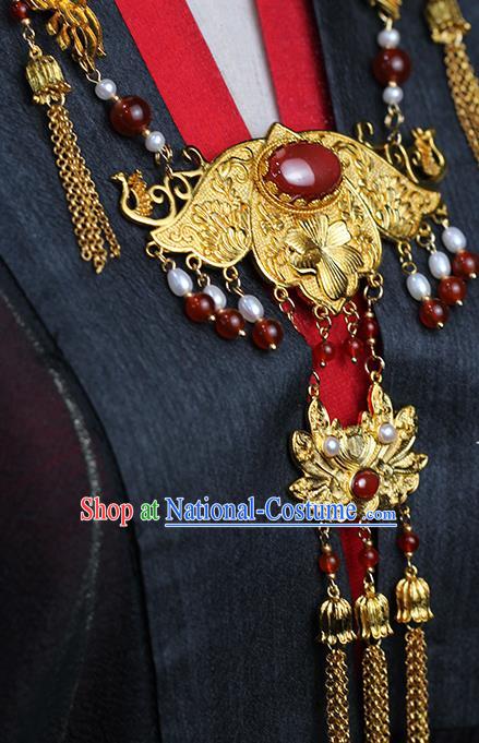 Chinese Traditional Wedding Agate Necklace Ancient Princess Golden Lotus Necklet Accessories