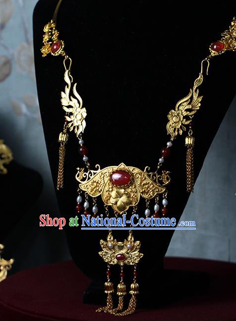 Chinese Traditional Wedding Agate Necklace Ancient Princess Golden Lotus Necklet Accessories