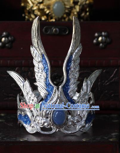 China Traditional Hanfu Hairdo Crown Ancient Swordsman Argent Wings Hair Accessories