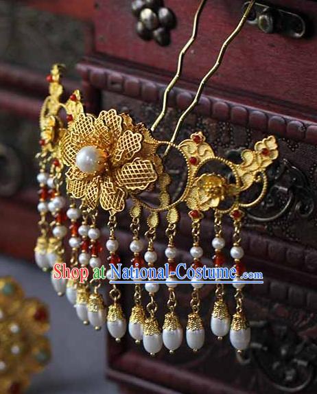 China Traditional Qing Dynasty Empress Pearls Tassel Hair Stick Ancient Court Woman Filigree Peony Hairpin