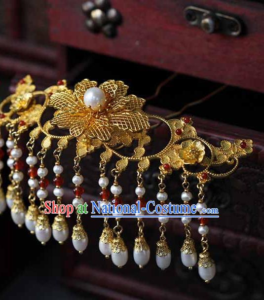 China Traditional Qing Dynasty Empress Pearls Tassel Hair Stick Ancient Court Woman Filigree Peony Hairpin