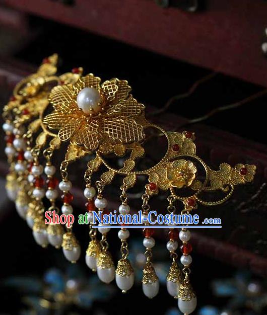 China Traditional Qing Dynasty Empress Pearls Tassel Hair Stick Ancient Court Woman Filigree Peony Hairpin