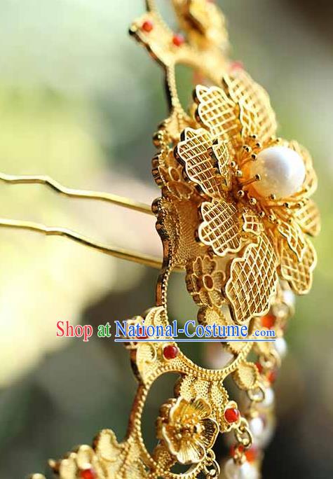 China Traditional Qing Dynasty Empress Pearls Tassel Hair Stick Ancient Court Woman Filigree Peony Hairpin