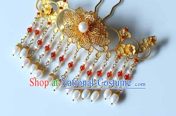 China Traditional Qing Dynasty Empress Pearls Tassel Hair Stick Ancient Court Woman Filigree Peony Hairpin