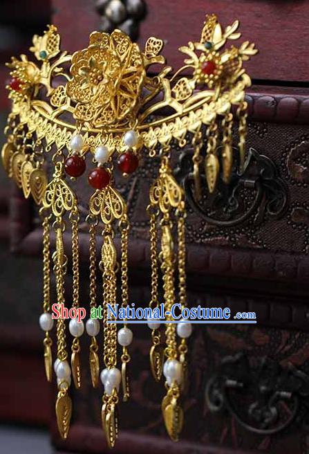 China Ancient Court Woman Filigree Peony Hairpin Traditional Qing Dynasty Empress Golden Tassel Hair Stick