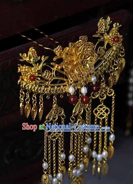 China Ancient Court Woman Filigree Peony Hairpin Traditional Qing Dynasty Empress Golden Tassel Hair Stick