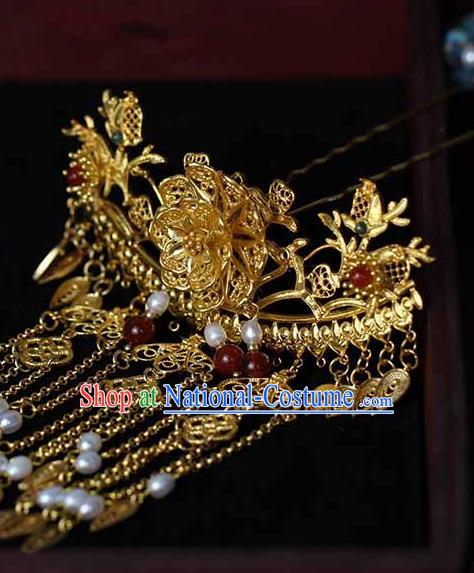 China Ancient Court Woman Filigree Peony Hairpin Traditional Qing Dynasty Empress Golden Tassel Hair Stick