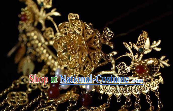 China Ancient Court Woman Filigree Peony Hairpin Traditional Qing Dynasty Empress Golden Tassel Hair Stick