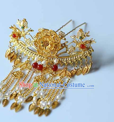 China Ancient Court Woman Filigree Peony Hairpin Traditional Qing Dynasty Empress Golden Tassel Hair Stick