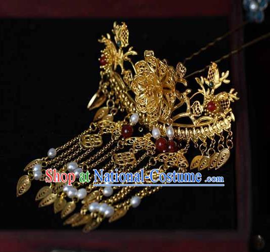 China Ancient Court Woman Filigree Peony Hairpin Traditional Qing Dynasty Empress Golden Tassel Hair Stick