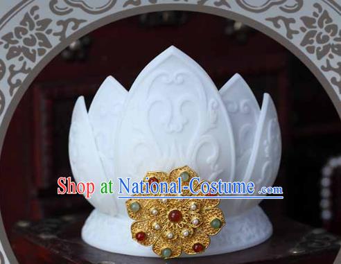 China Ancient Imperial Consort White Lotus Crown Traditional Song Dynasty Pearls Hair Accessories