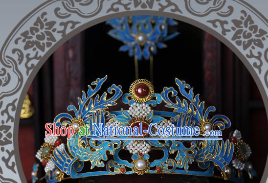 China Ancient Imperial Consort Blueing Phoenix Hair Crown Traditional Qing Dynasty Court Lady Hair Accessories