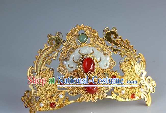 China Ancient Bride Jade Hair Crown Traditional Ming Dynasty Wedding Hair Accessories